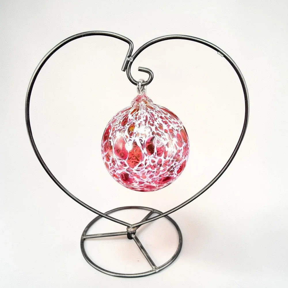 Hand Blown Glass Friendship Ball Ornament Pink White Speckled Heart Stand VTG